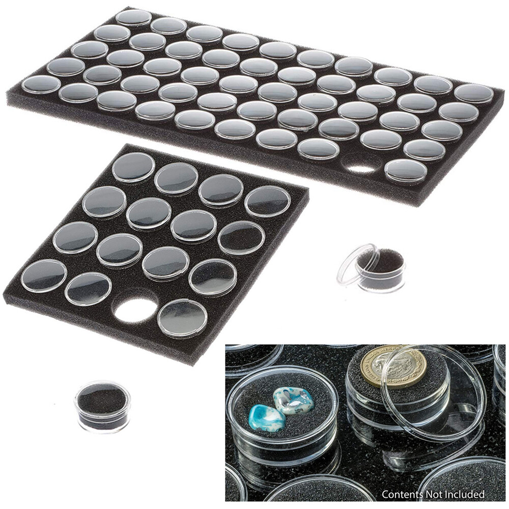 1 Clear Round Gem Stone Display Containers Snap-On Lids Black Foam Filler Jewels