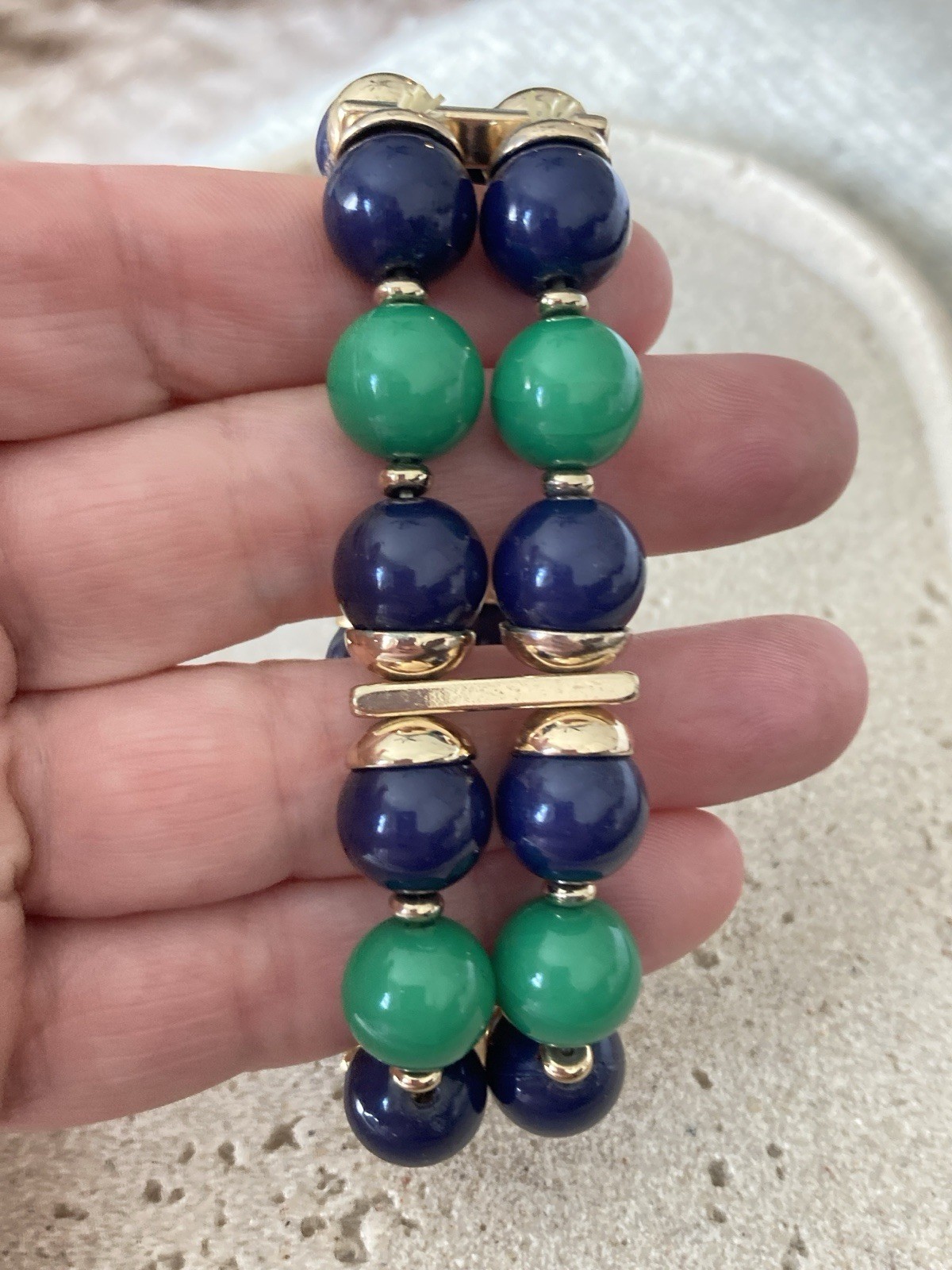 Chunky Beaded Stretch Bracelet Blue Green Gold Tone Preppy Statement Nautical