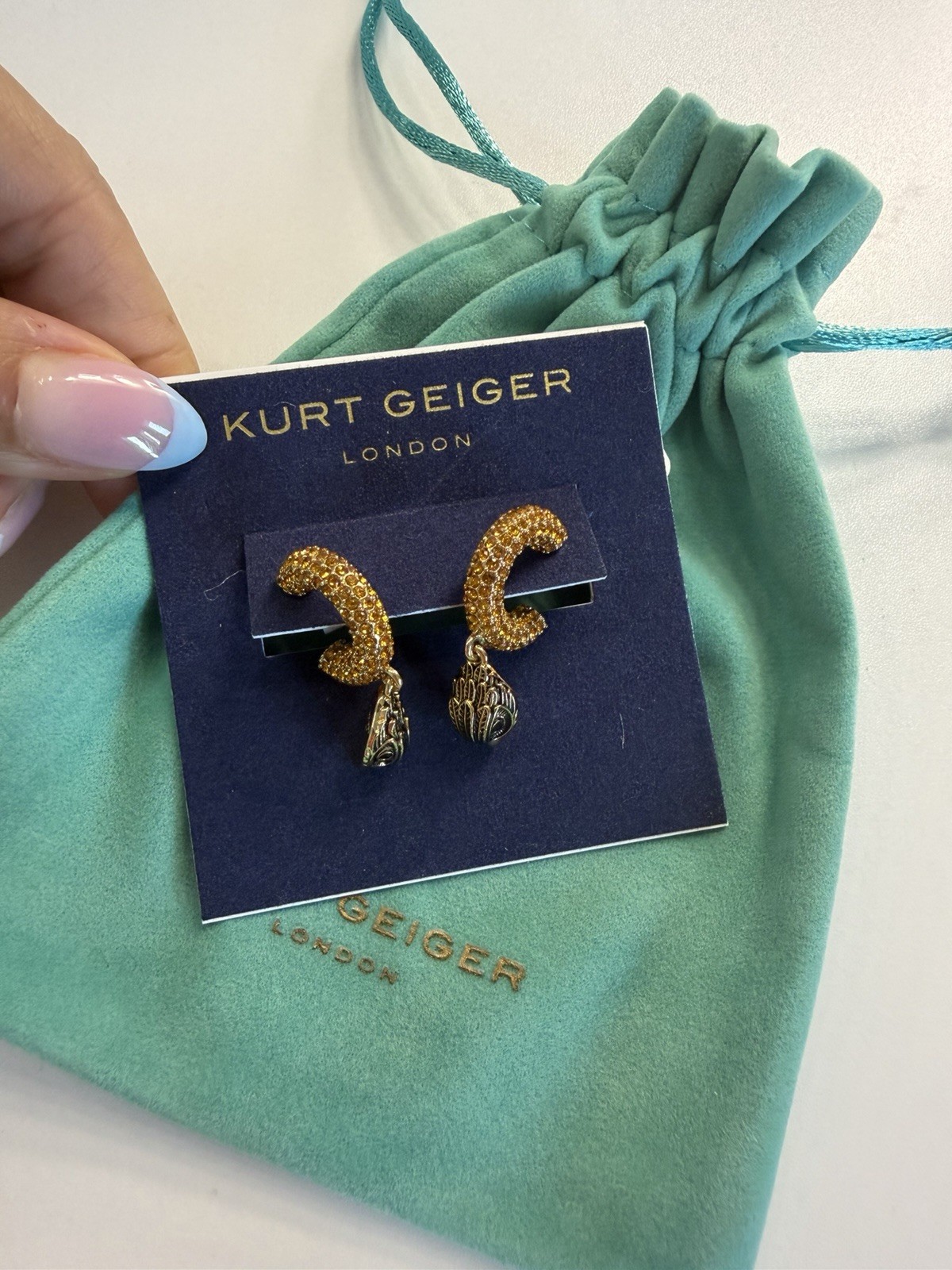 Kurt Geiger Gold Tone Pavé Crystal Hoop Dangle Earrings Snap Closure
