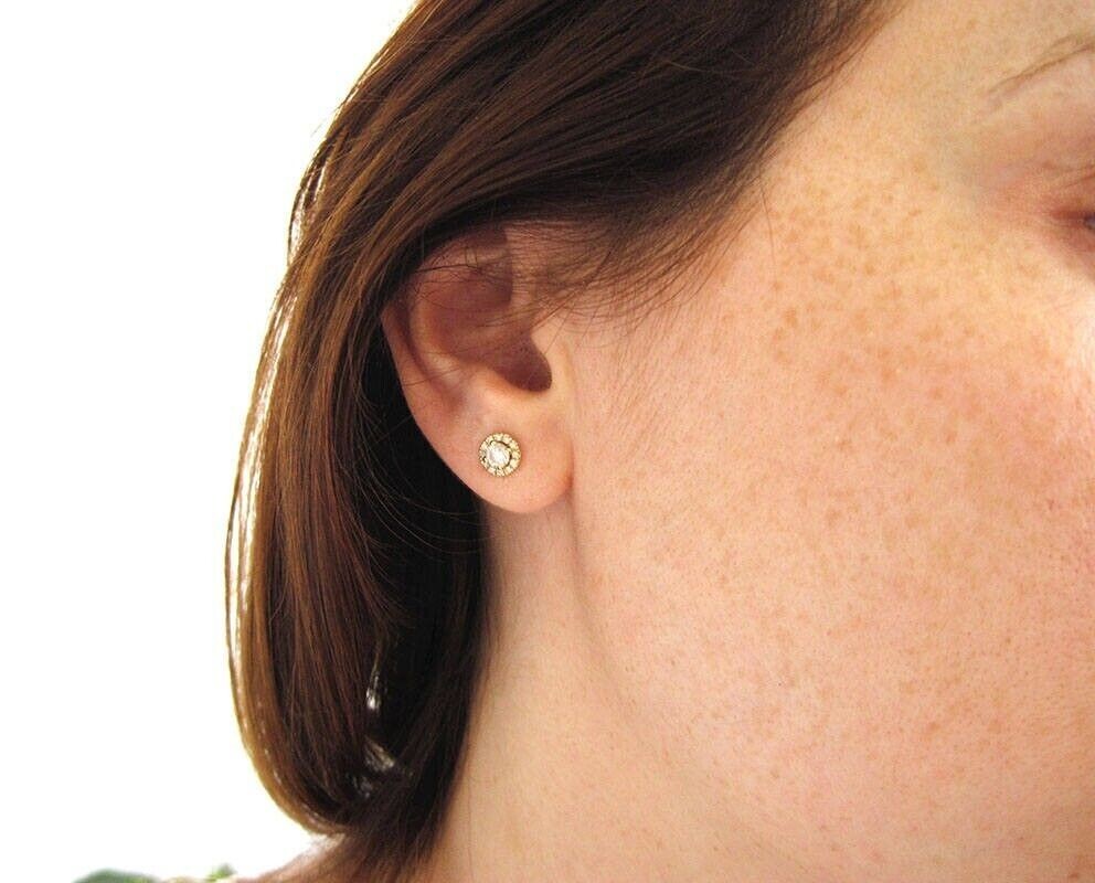 Round Cut Simulated Diamond Gorgeous Halo Stud Earring In 14k Yellow Gold Plated