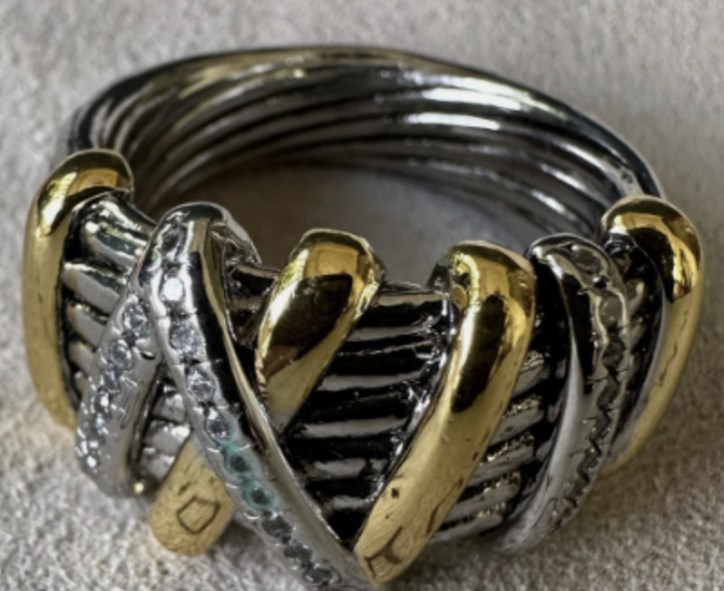 David Yurman Crossover Ring Sterling Silver 18K Yellow Gold With Pave Diamonds 7