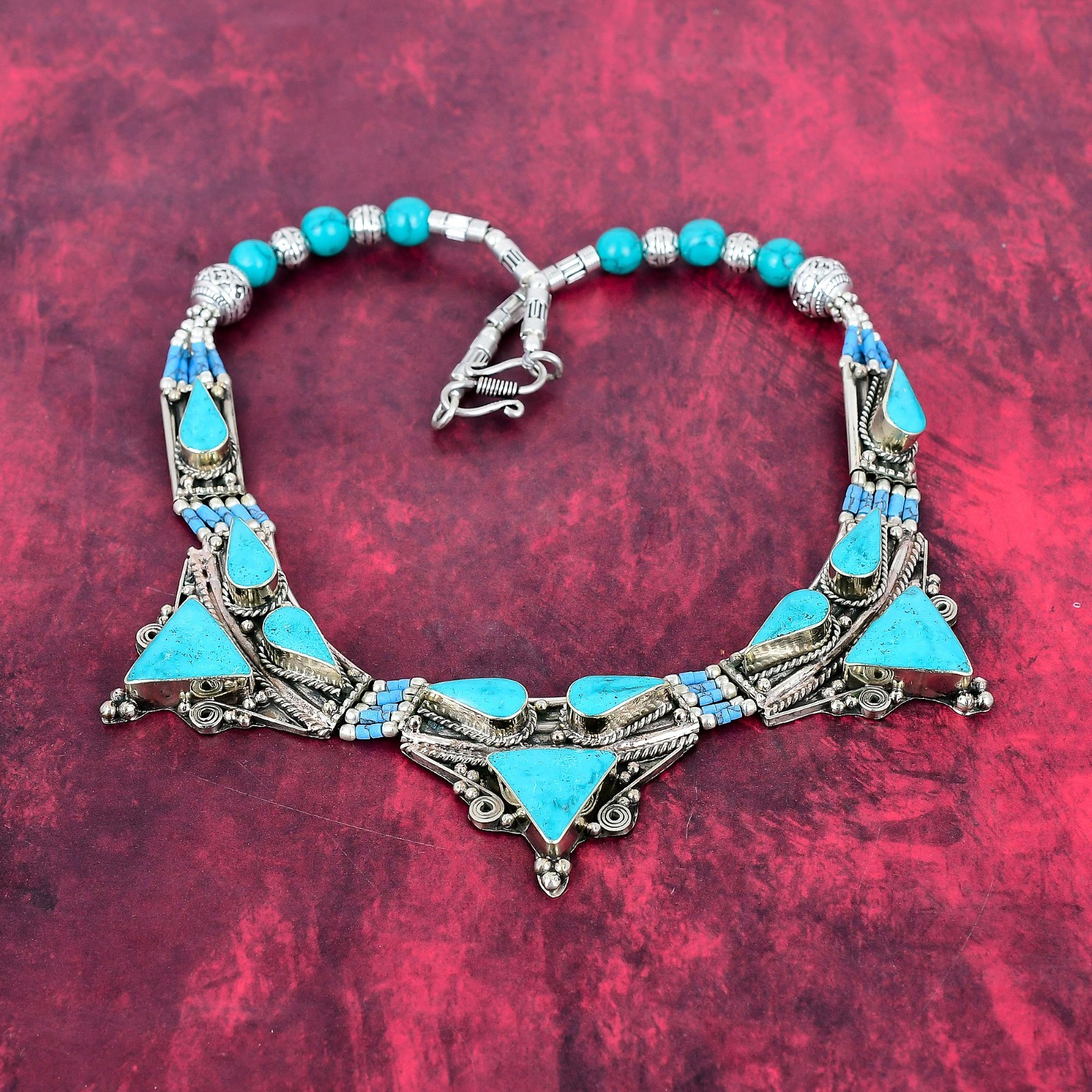 Tibetan Turquoise Gemstone Handmade 925 Sterling Silver Nepali Jewelry Necklace