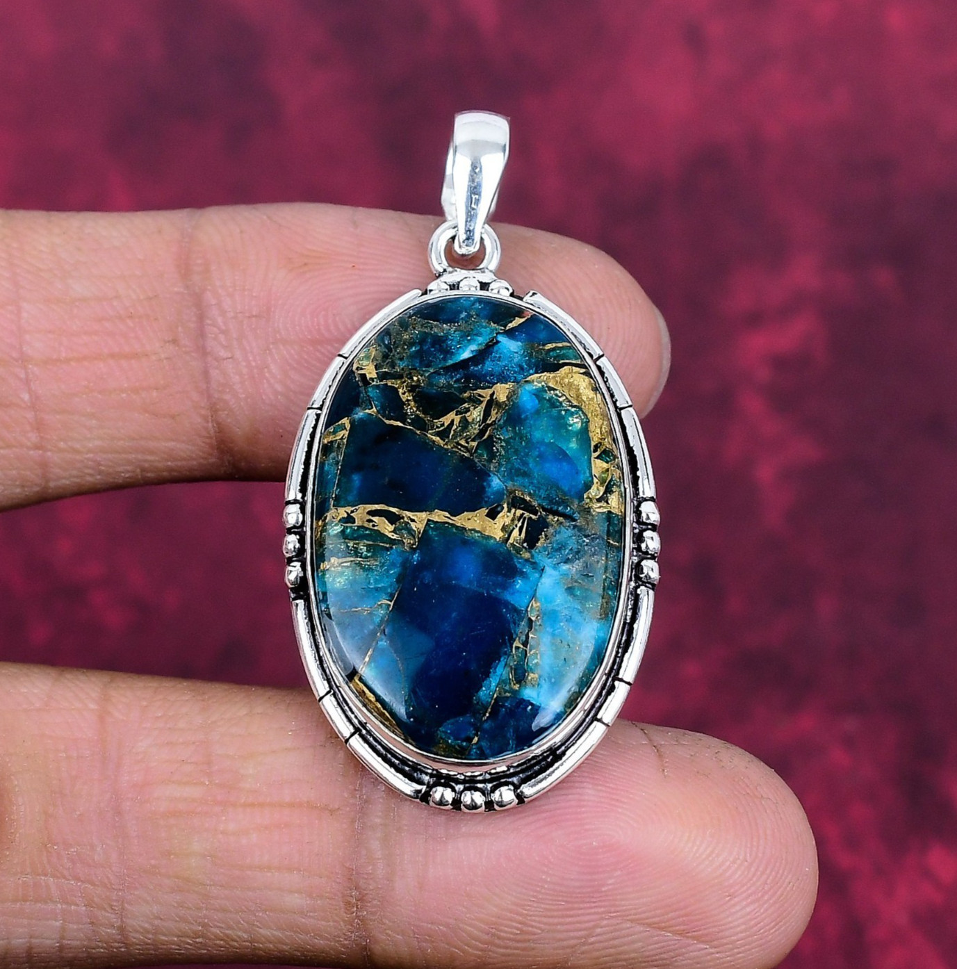 Irani Copper Turquoise Gemstone Handmade 925 Sterling Silver Pendant Jewelry