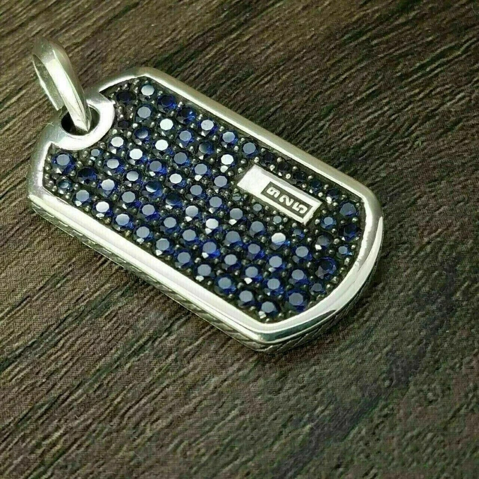 3Ct Round Lab Created Sapphire Diamond Men Dog Tag Pendant 14K White Gold Plated