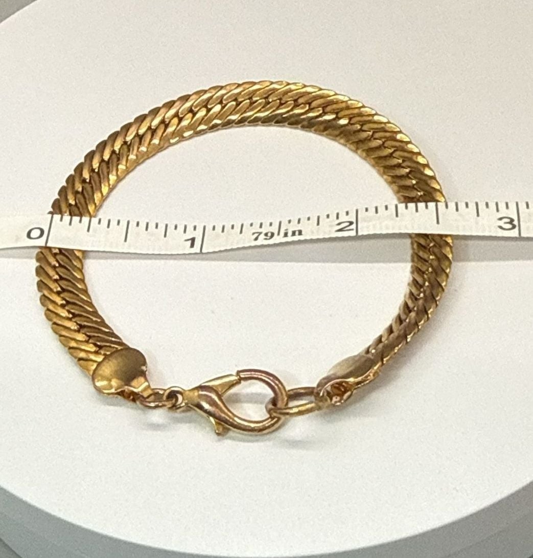 Gold Tone Chunky Herringbone Chain Snake Link Bracelet Curbed Statement Vintage