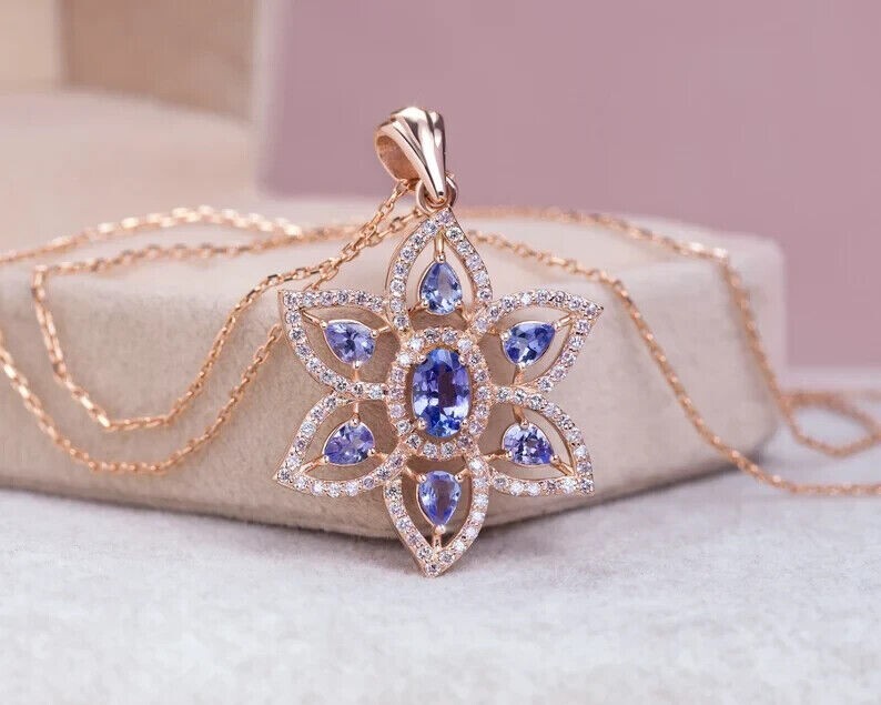 Oval Cut Simulated Tanzanite Gorgeous Flower Charm Pendant 14K Rose Gold Plated