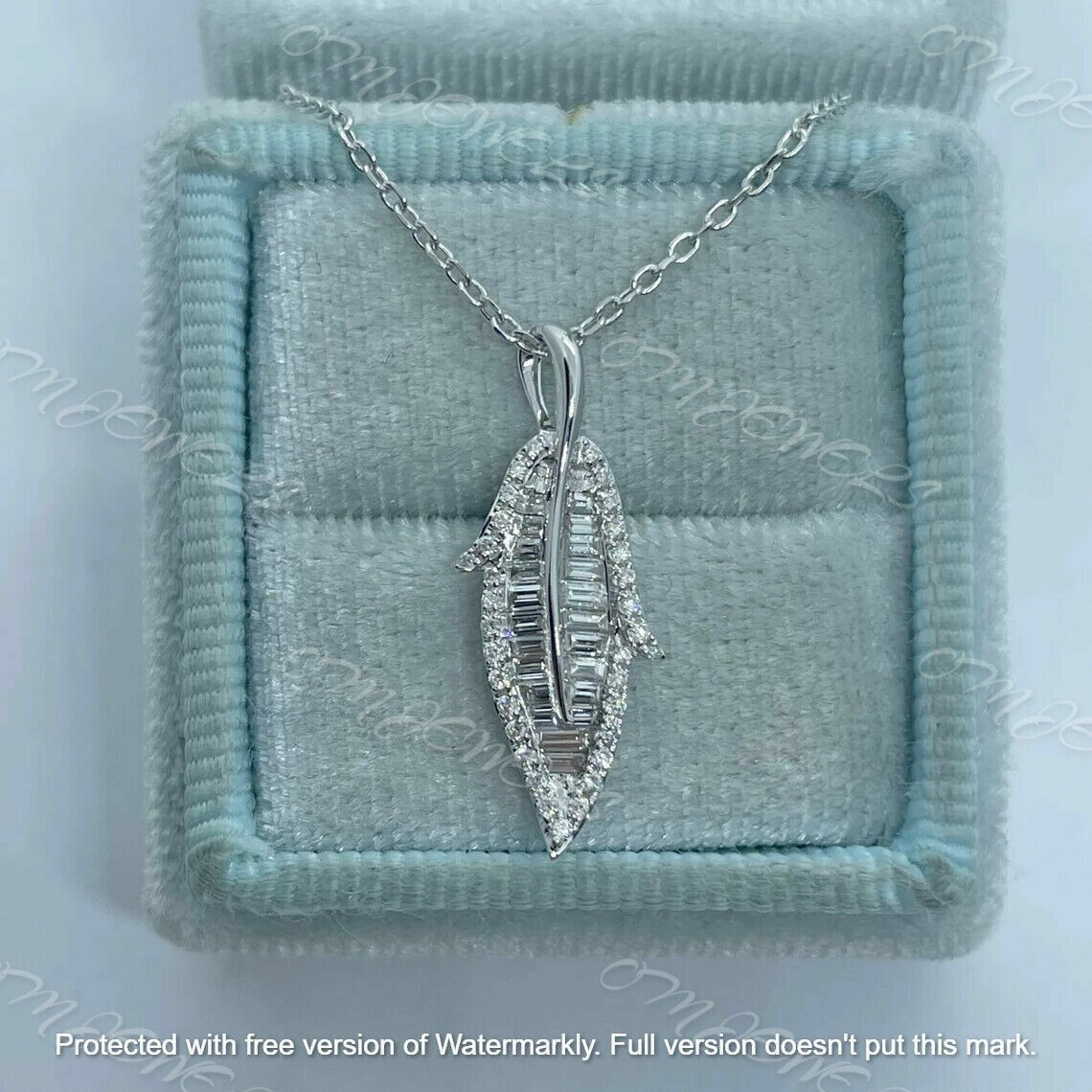 1Ct Round Baguette Cut Diamond Leaf Pendant 18K White Gold Finish 18″ Free Chain
