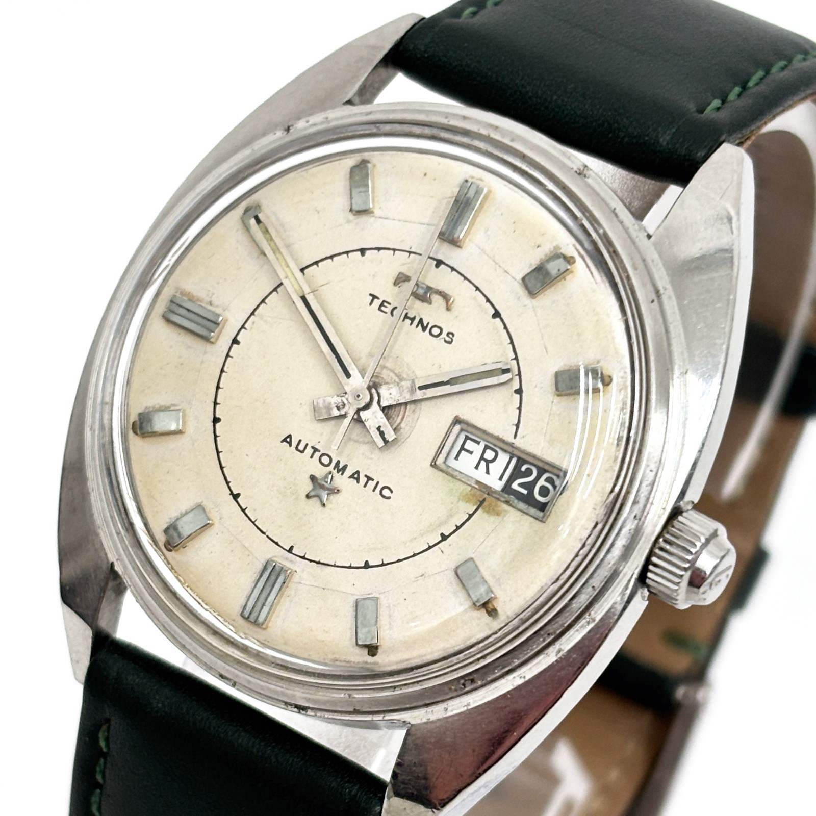 Vintage 1970s Technos Sky Light Automatic 35mm Day Date Swiss ETA 2638 Running