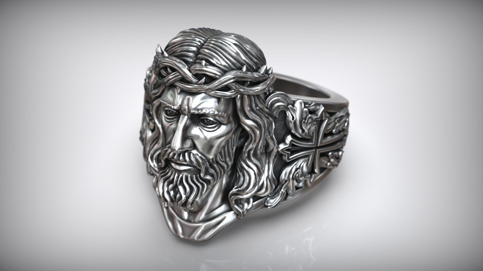 Jesus Christ Head Crown Of Thorns Religious Sculpture 925 Silver Statement Rings