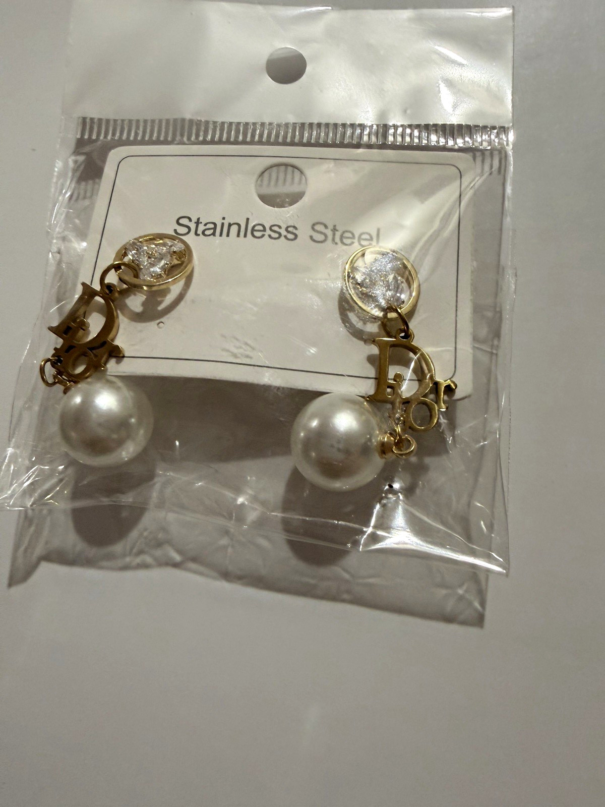 Stainless Steel Dangle Earrings, Gold Tone, White Simulated Pearl, Leverback