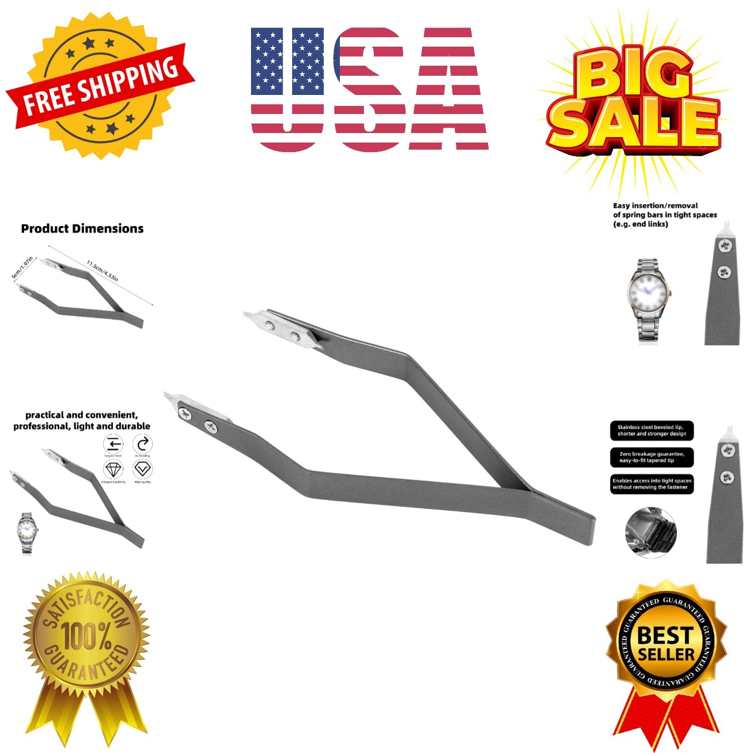 7825 Watch Spring Bar Tweezer, Aluminum Alloy Spring Bar Pliers Lug Removal F…