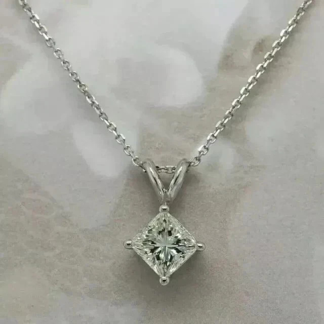 2Ct Princess-Cut Moissanite Solitaire Necklace Pendant 14K White Gold Plated