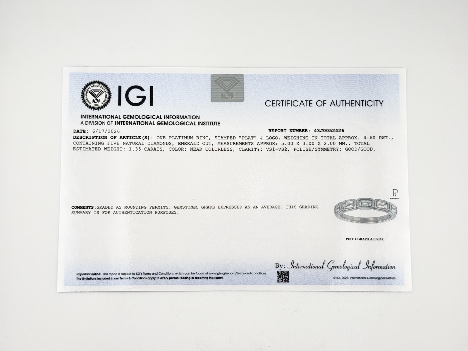 IGI Certified 1.35 CTW Emerald Cut Diamond 5-Stone Band Platinum Ring Size 9