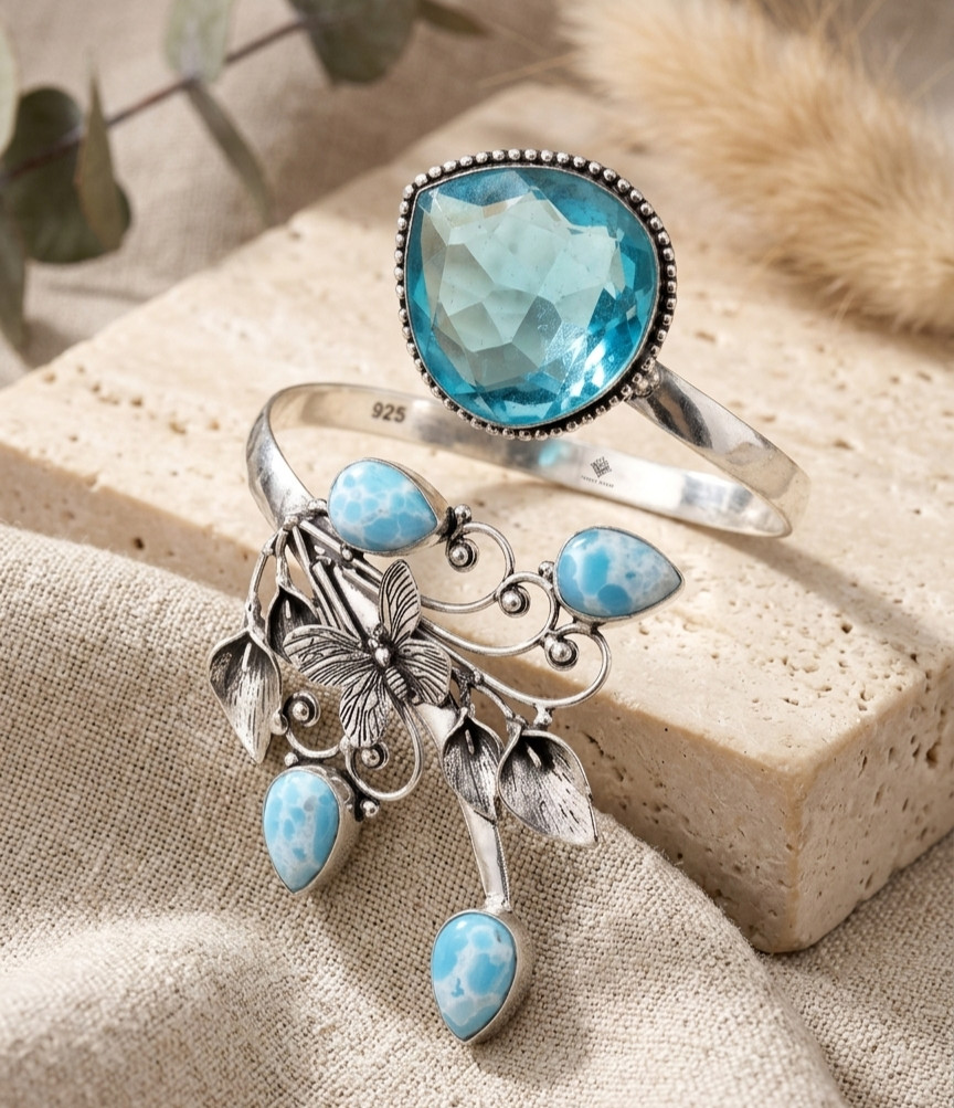 Topaz And Larimar Cuff Bracelet 925 Sterling Silver Handmade ADJ Jewelry