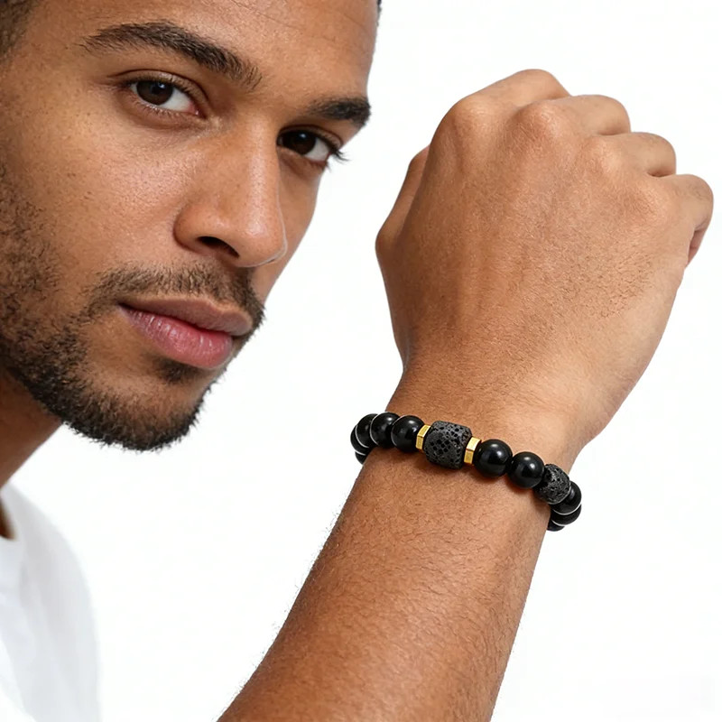 Unique Natural Stone Bracelet Men 8Mm Obsidian Tiger Eyes Beaded Braclet Homme H
