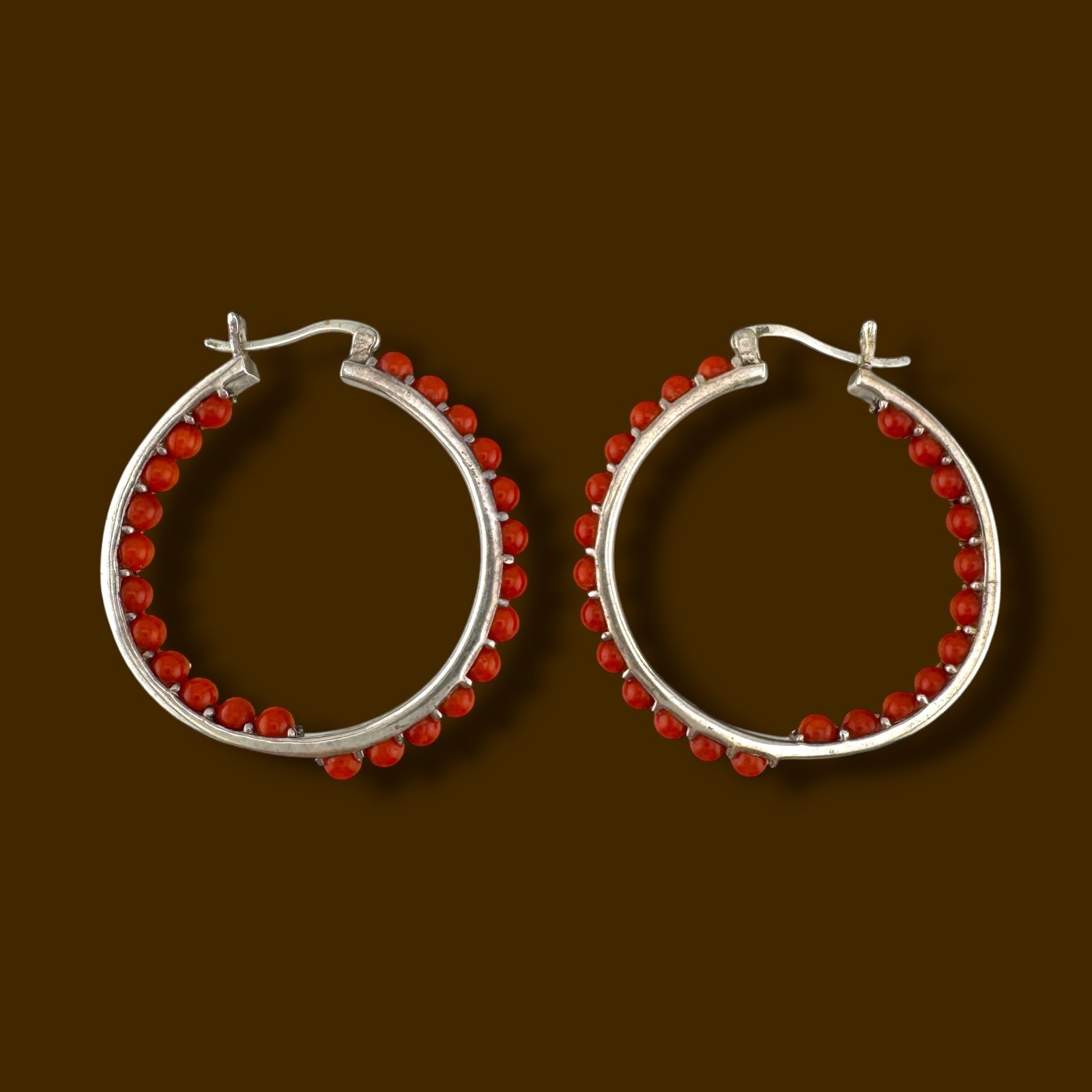 Vintage Sterling Silver Red Gemstone Inside Out Hoop Earrings 1.35″