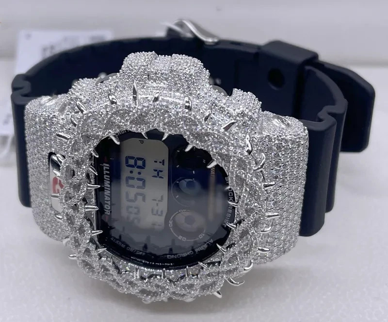 Original Casio G-Shock DW6900 925 Silver VVS Moissanite Thorn Iced Watch