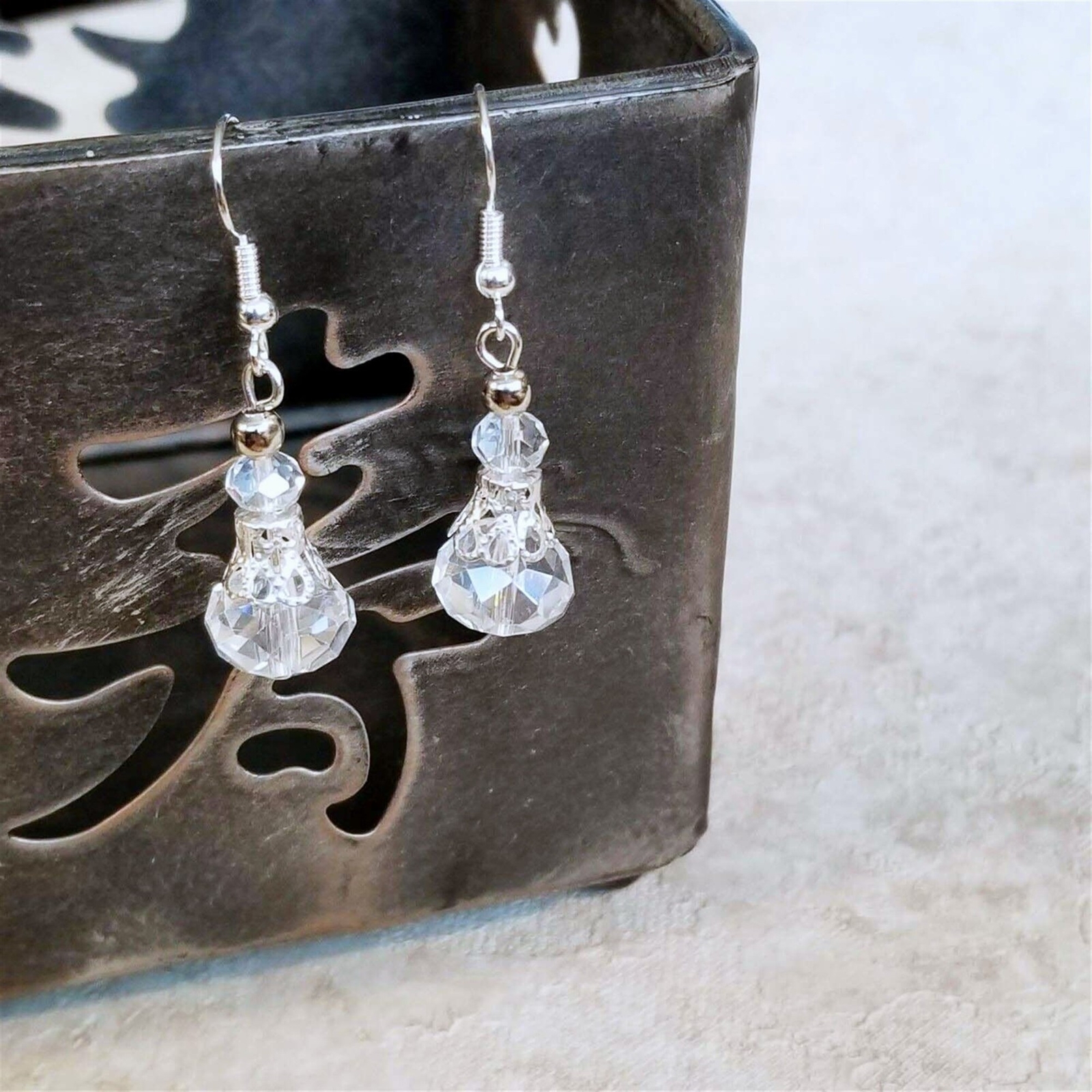 Victorian Clear Crystal Silver Filigree Basket Handcrafted Earrings