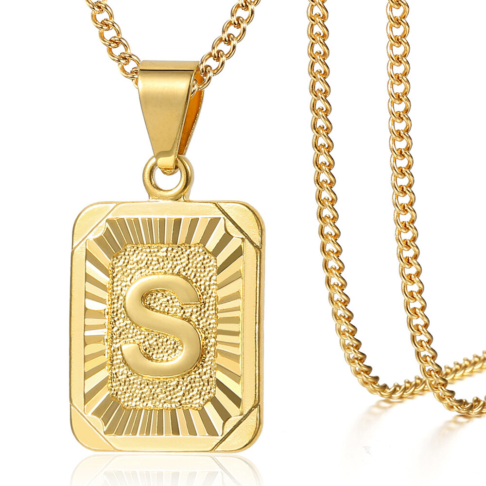 Gold Plated Initial Necklace Letter Pendant Stainless Steel Curb Chain Unisex