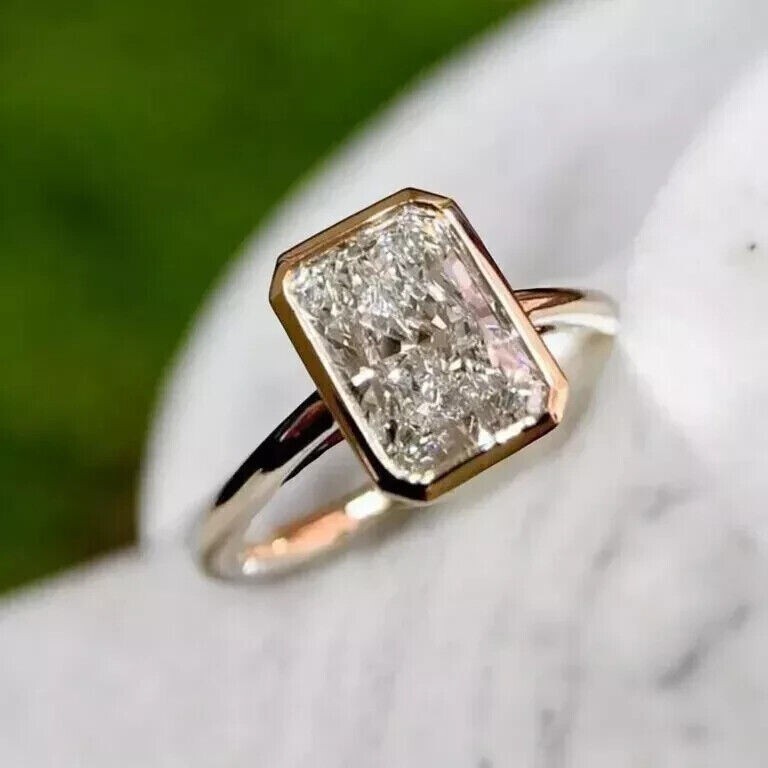 3CT Radiant-Cut Real Moissanite Bezel Engagement Ring 14K Yellow Gold Plated