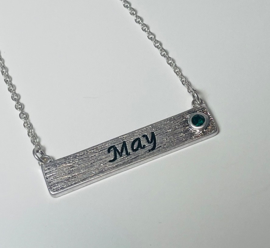 Personalized May Birthstone Necklace Bar Pendant Dainty Silver Plated