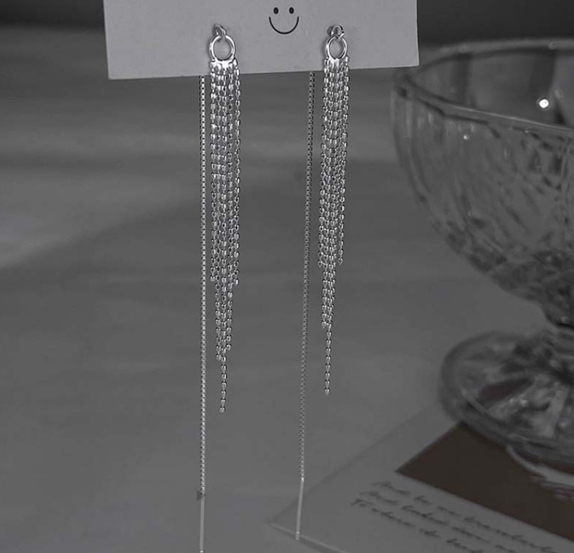 925 Silver Plated Threader Earrings Dainty Chain Tassel Drop Pull Earrings S6