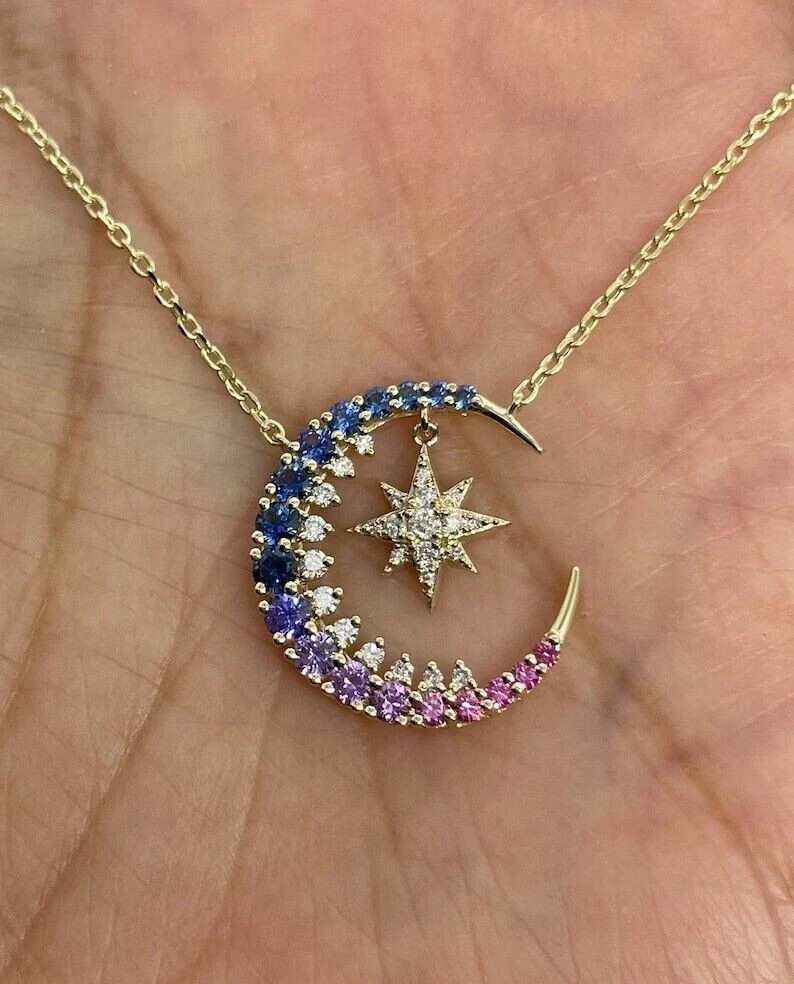 14K Yellow Gold Plated Moon & Star Pendant Chain 1.8CT Simulated Sapphire