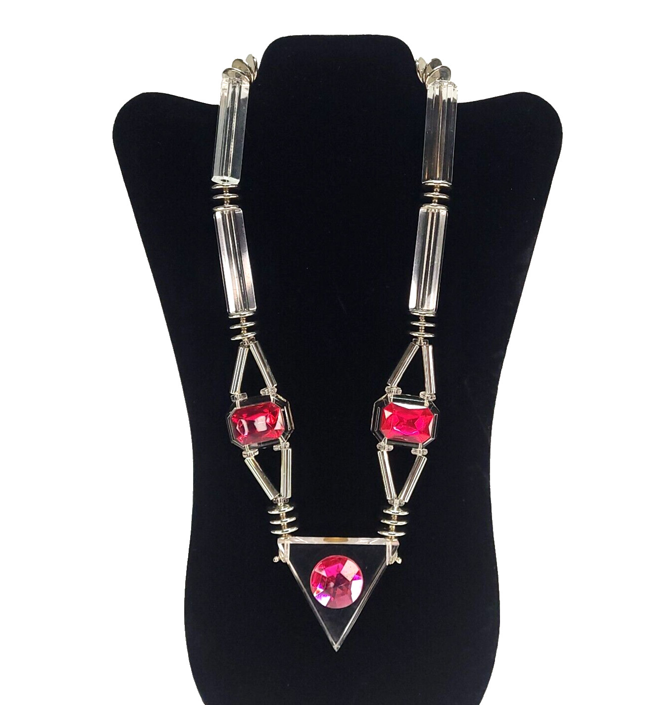 Acrylic Lucite Maximalist 80s Necklace 24″ Fuschia Silver Triangle Art To Wear
