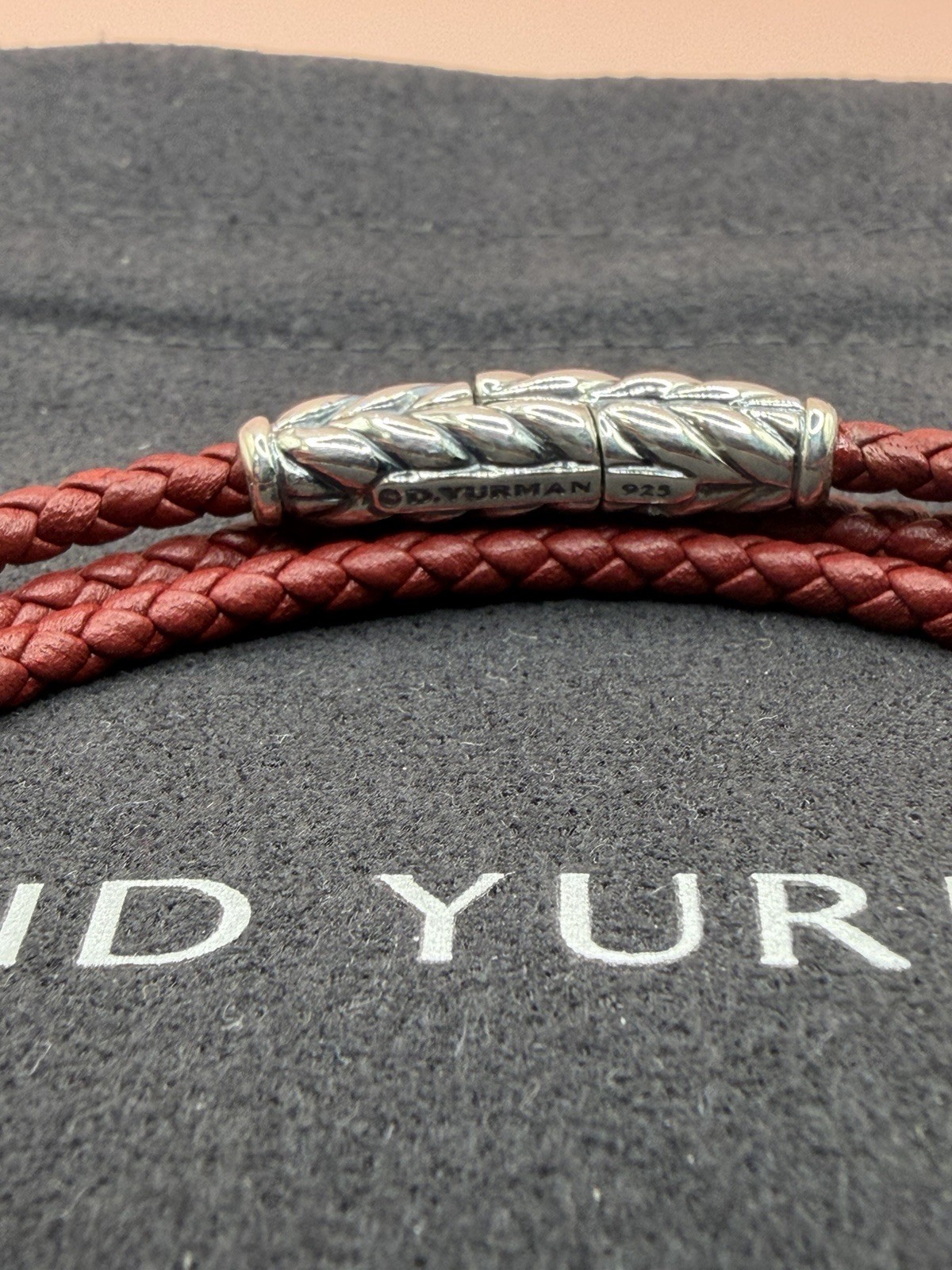 David Yurman Sterling Silver Leather Chevron Triple Red Wrap Bracelet Medium
