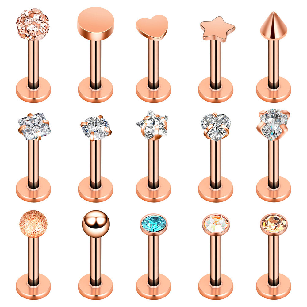 4-15Pcs Surgical Labret Lip Monroe Ring Cheek Tragus Stud Opal Gems Piercing 16G