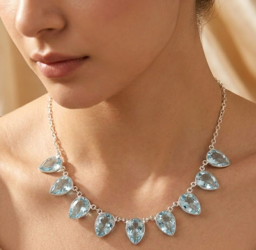 Blue Aquamarine Gemstone 925 Sterling Silver Jewelry Necklace Size-17-18″