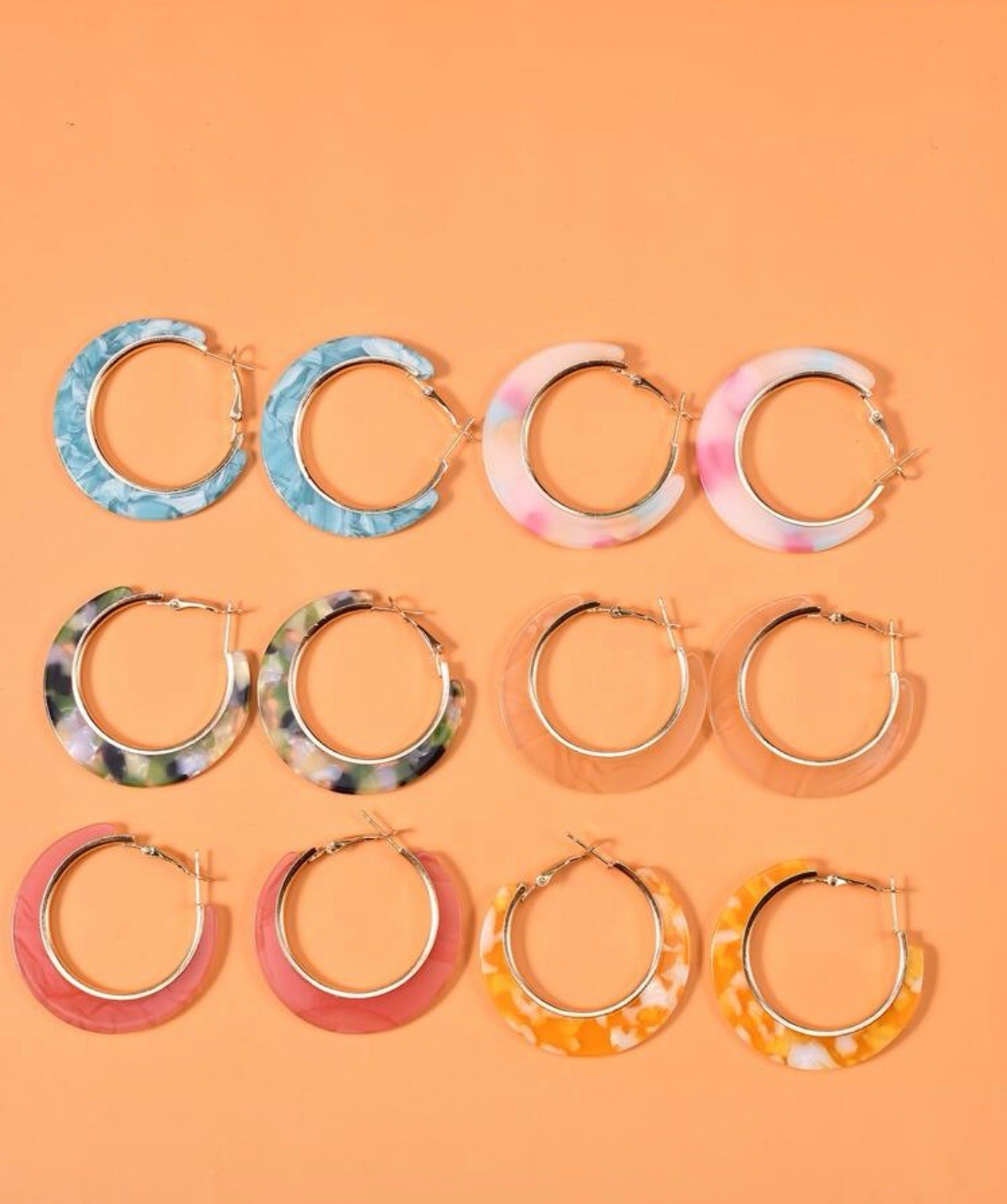 Multi Color Round Hoop Earrings Set Green Gold Pink Yellow Blue Acrylic Resin