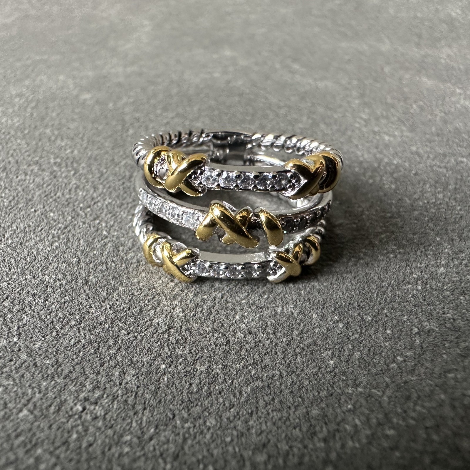 David Yurman Helena Collection 3-Row Ring 925 Silver & 18K Gold W Diamonds SZ 8