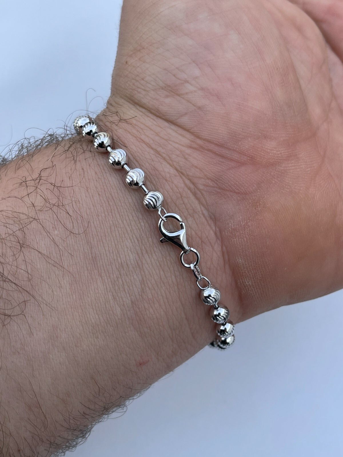 Men’s Solid 925 Sterling Silver Ball Moon Diamond Cut Bracelet 5mm Thick Beads