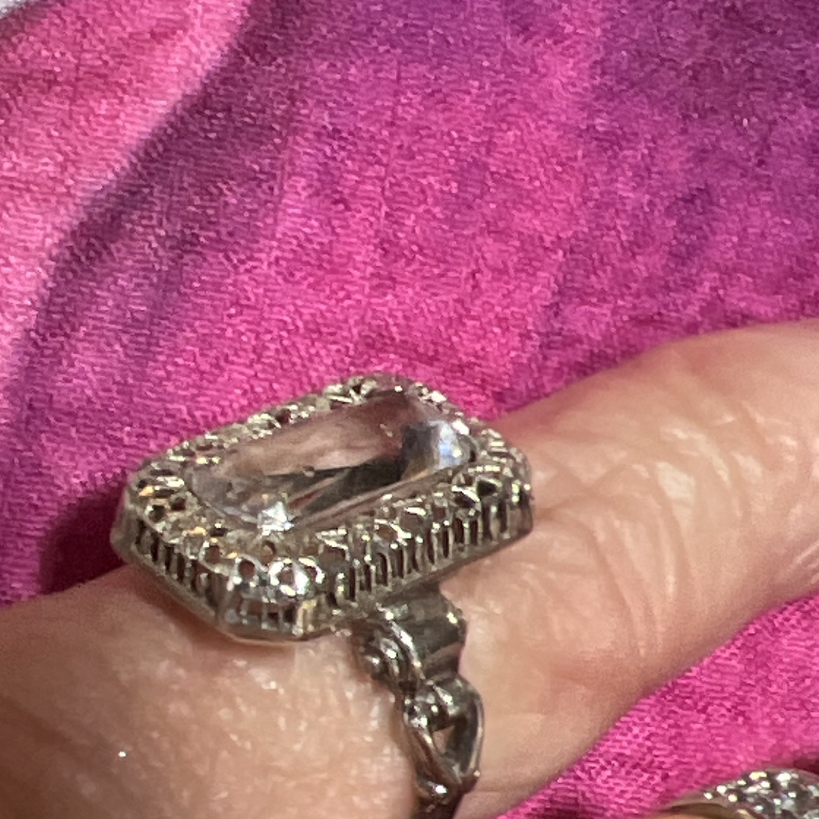 Antique Sterling Ring Clear Rectangle Stone Prong Set Size 5