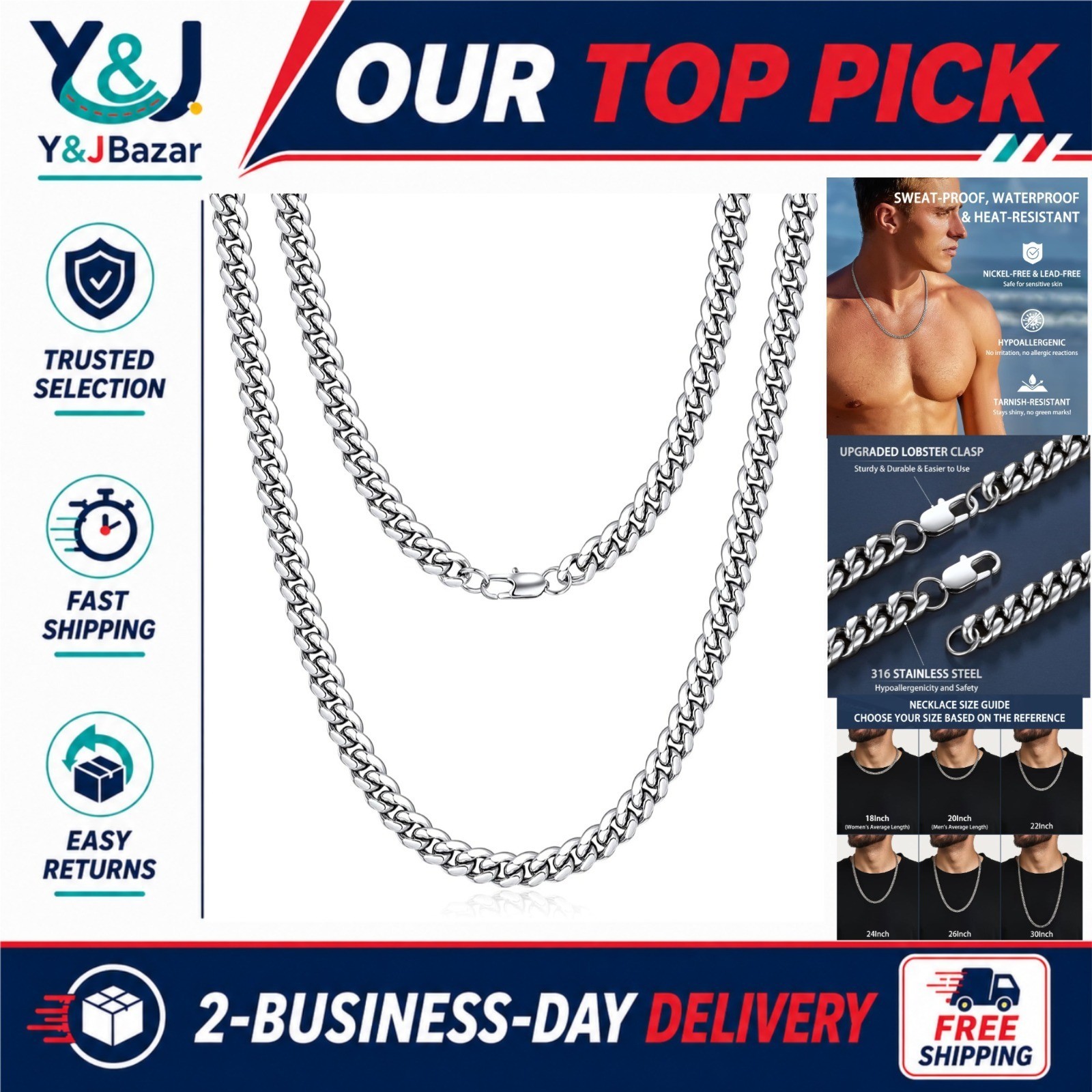 Cuban Link Chain Necklace Men 20 in 316L Stainless Steel Silver