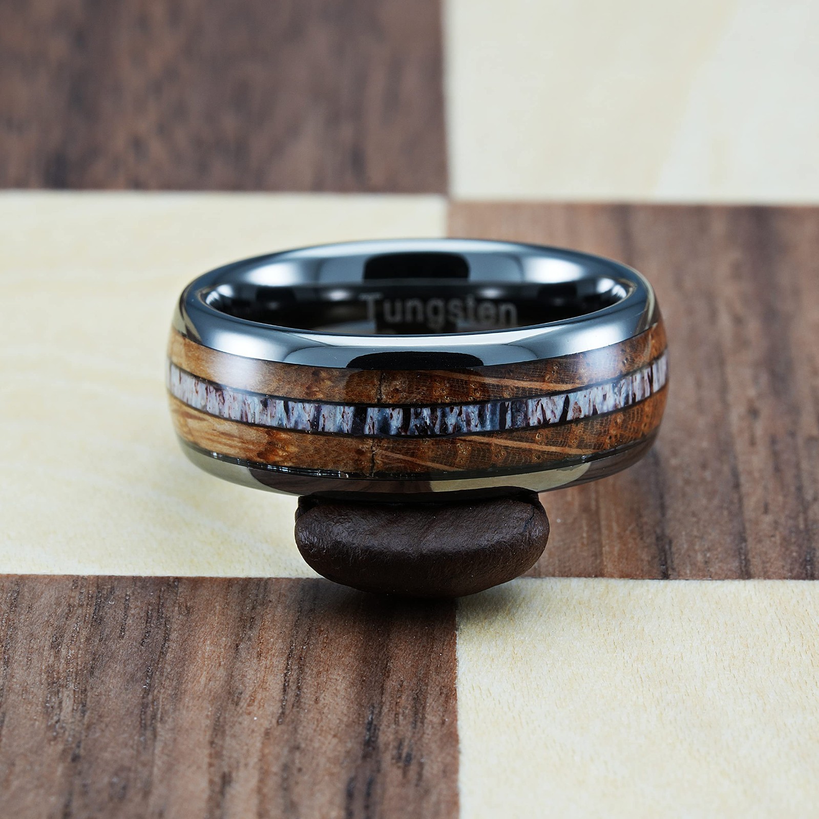 Gunmetal Gray Tungsten Wedding Ring for Men, Whiskey Barrel Wood & Elk Antler In