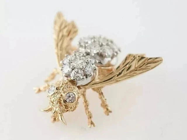 2Ct Round Cut Lab Created Diamond Bee Design Pin Brooch 14k Two Tone Gold Plated