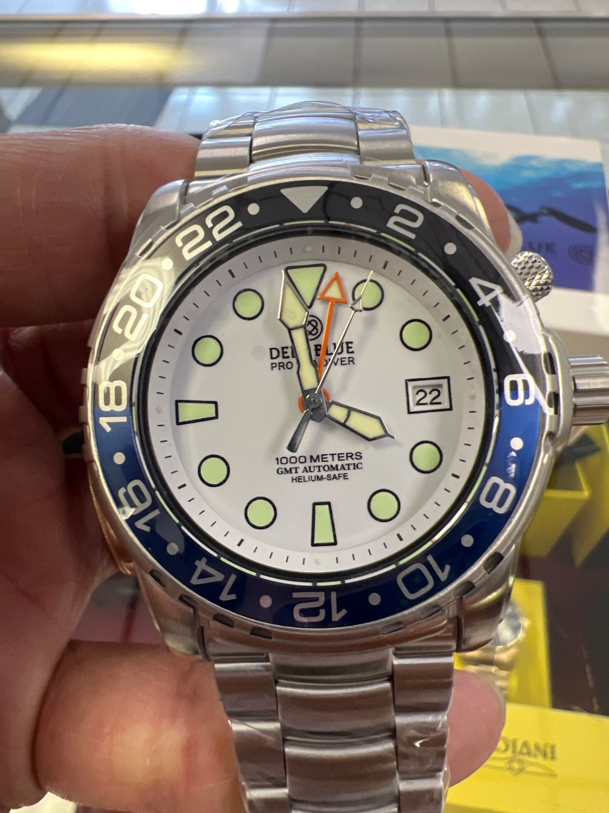 PRO SEA🎁DIVER 1000M GMT💰BLACK /BLUE BEZEL ❤️WHITE DIAL (BNS👍)