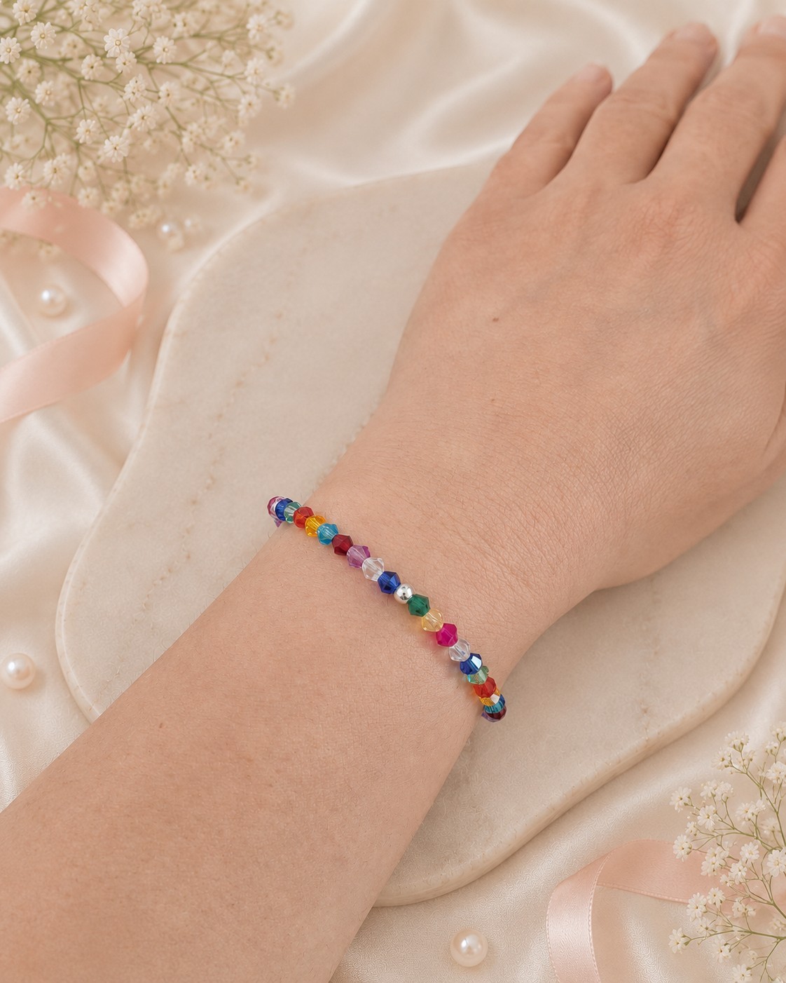 Summer Rainbow Crystal Stretch Beaded Bracelet Sterling Silver Bead Gift for Her