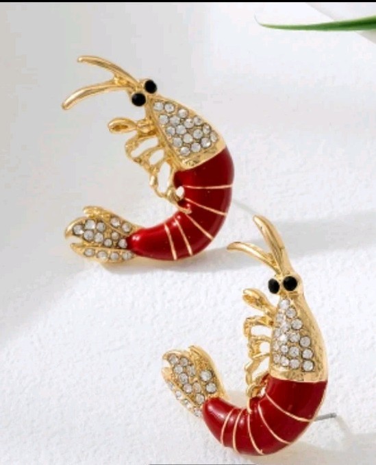 Super Cute Shrimp Stud Earrings, Rinestone Embellished Goldtone, Red Enamel