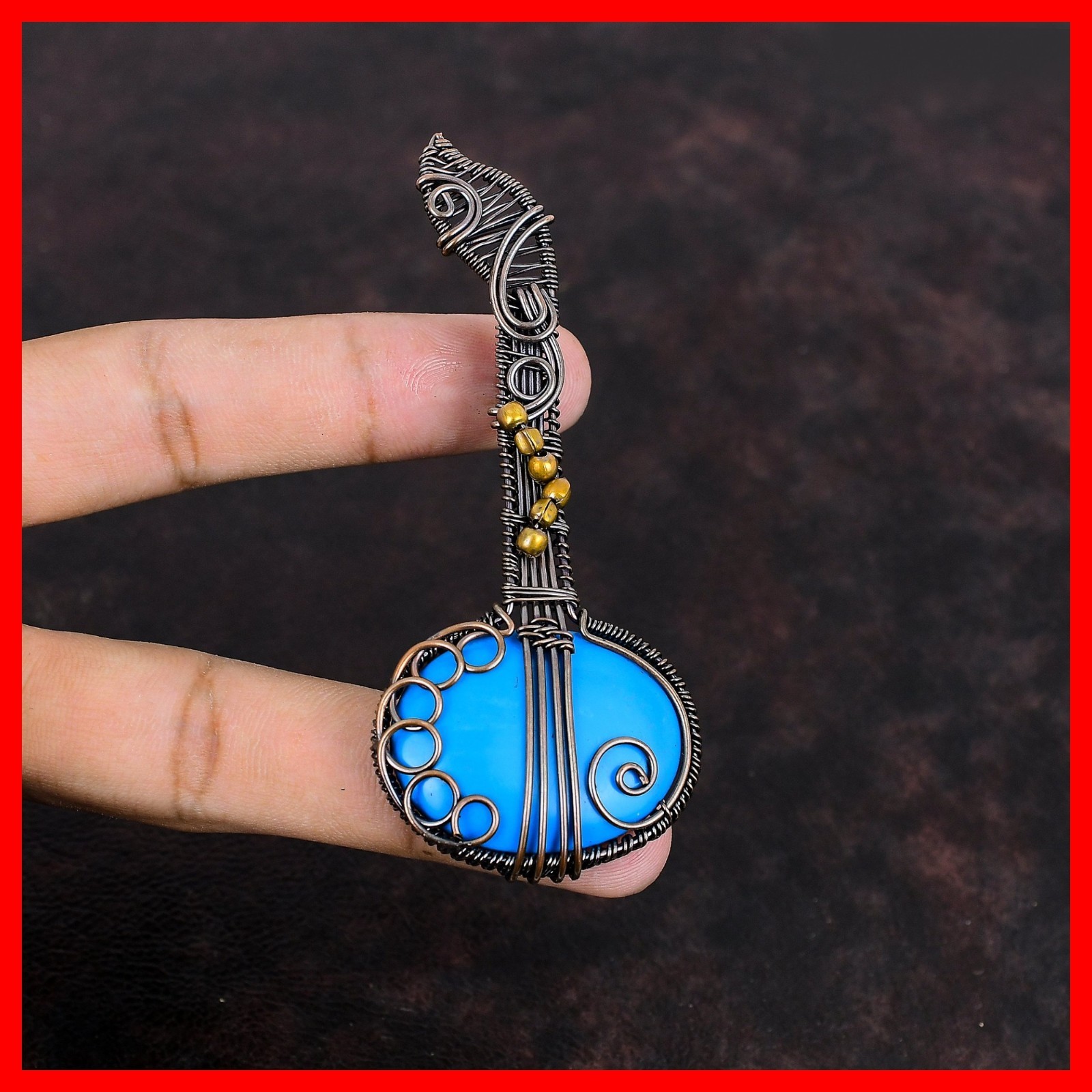 Copper Sleeping Beauty Turquoise Gemstone Art Deco Wire Wrapped Guitar Pendant