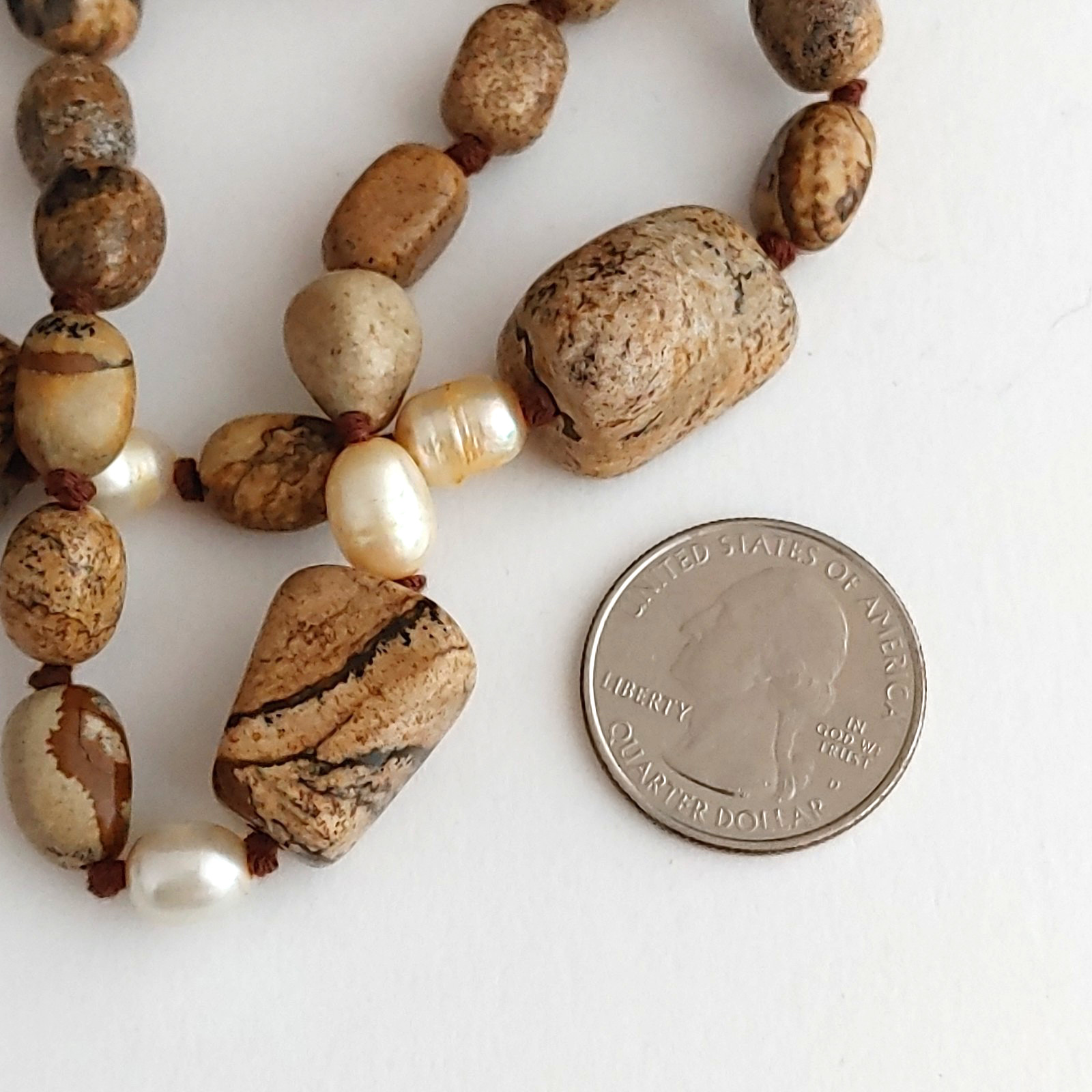 Jasper Stone Freshwater Pearl Bracelet 2 Strands Knotted Magnetic Clasp 8.5”