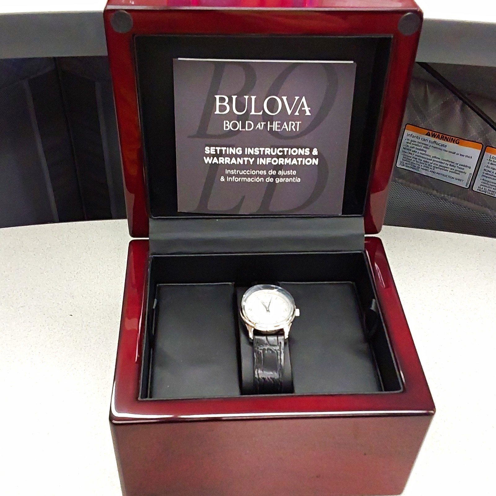 Bulova Bold at Heart Women’s Quartz Analog 34mm Silver/Black Leather Box