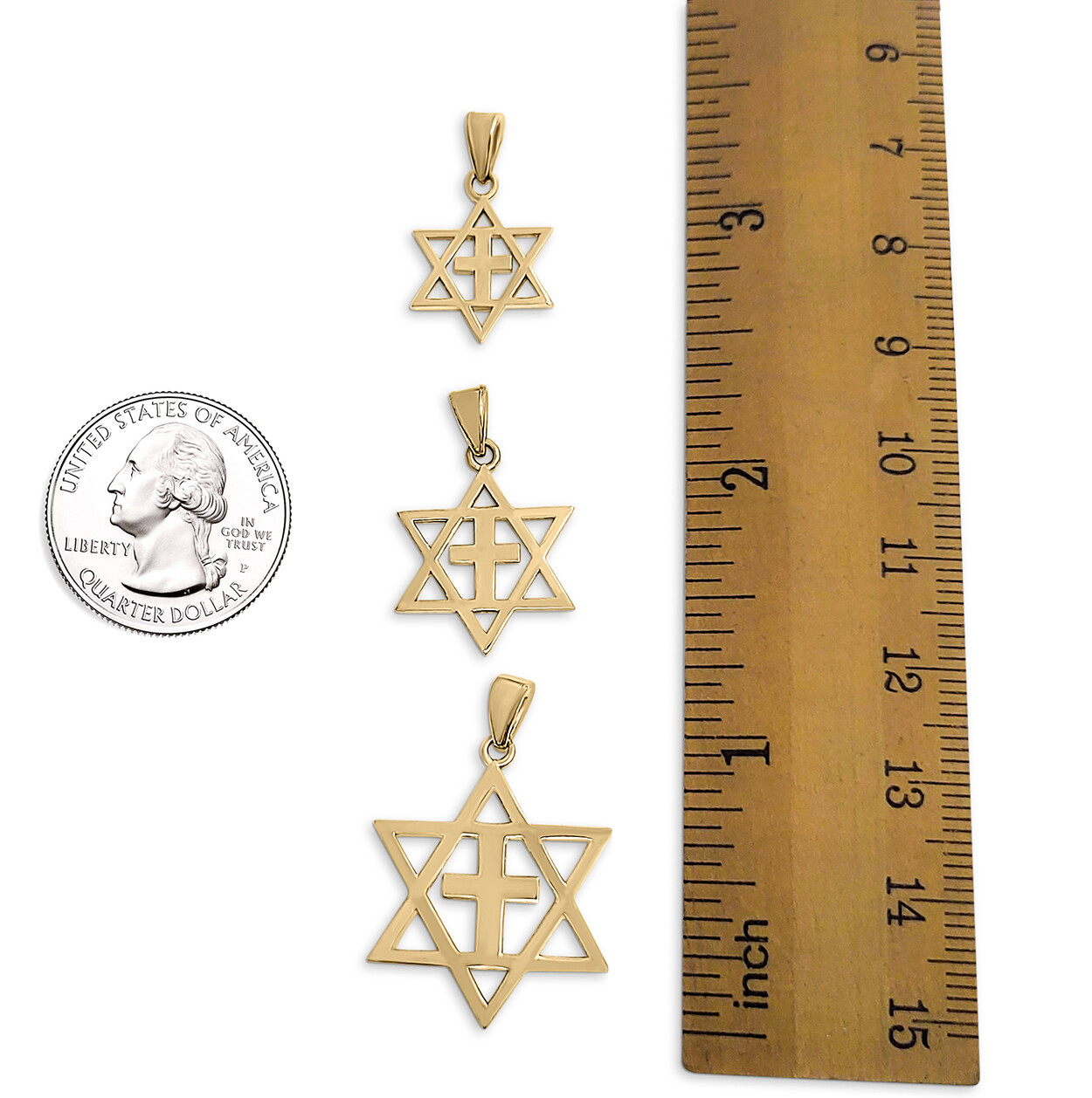 Solid 14K Yellow Gold Messianic Star of David with Cross Pendant, 3 Sizes