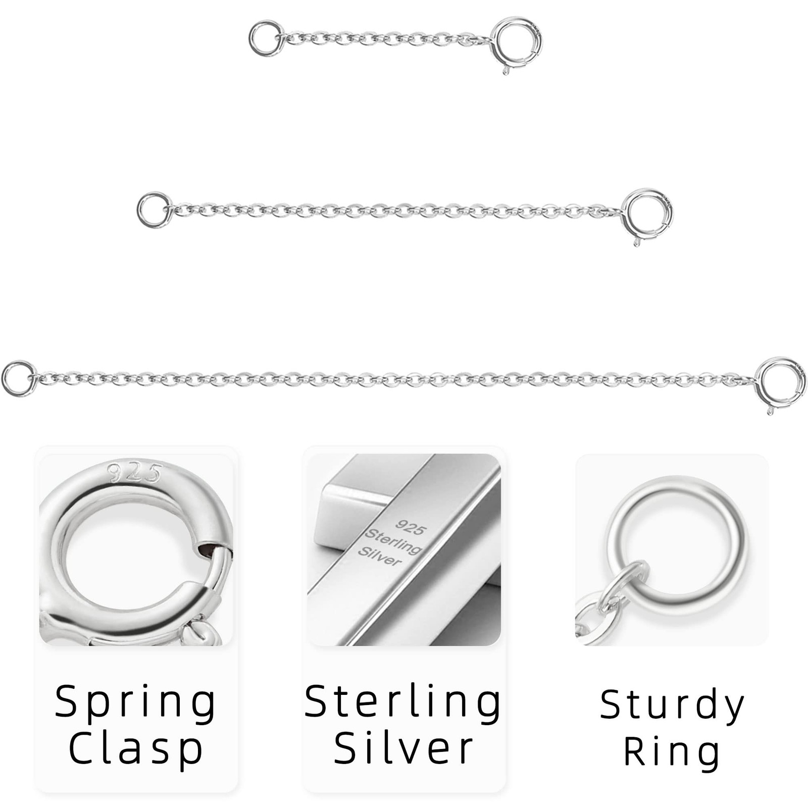 3 Pcs 925 Sterling Silver Necklace Extender Silver Chain Extenders for Neckla…