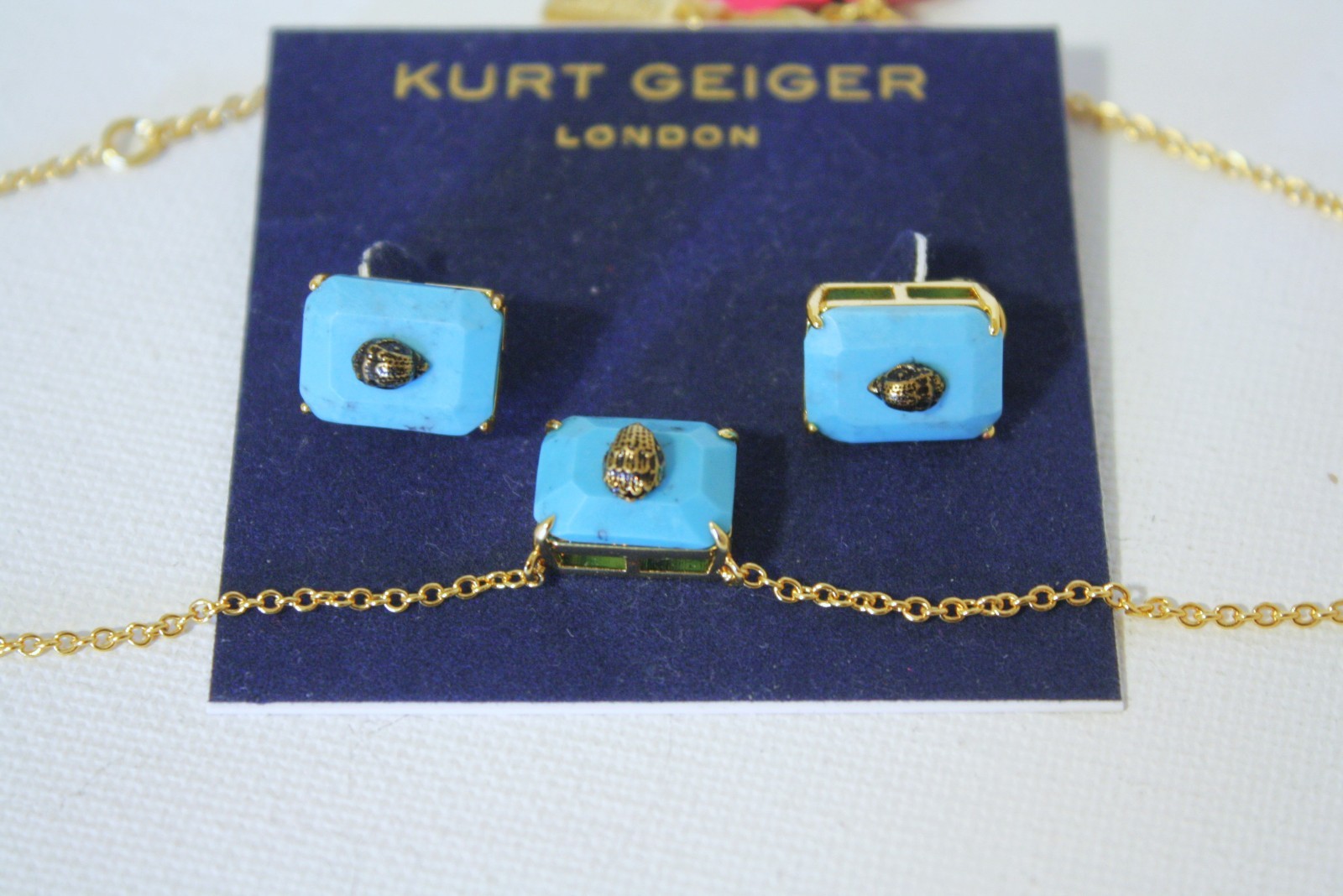 Kurt Geiger Blue Rectangular with eagle head earrings and match Necklaces NWT