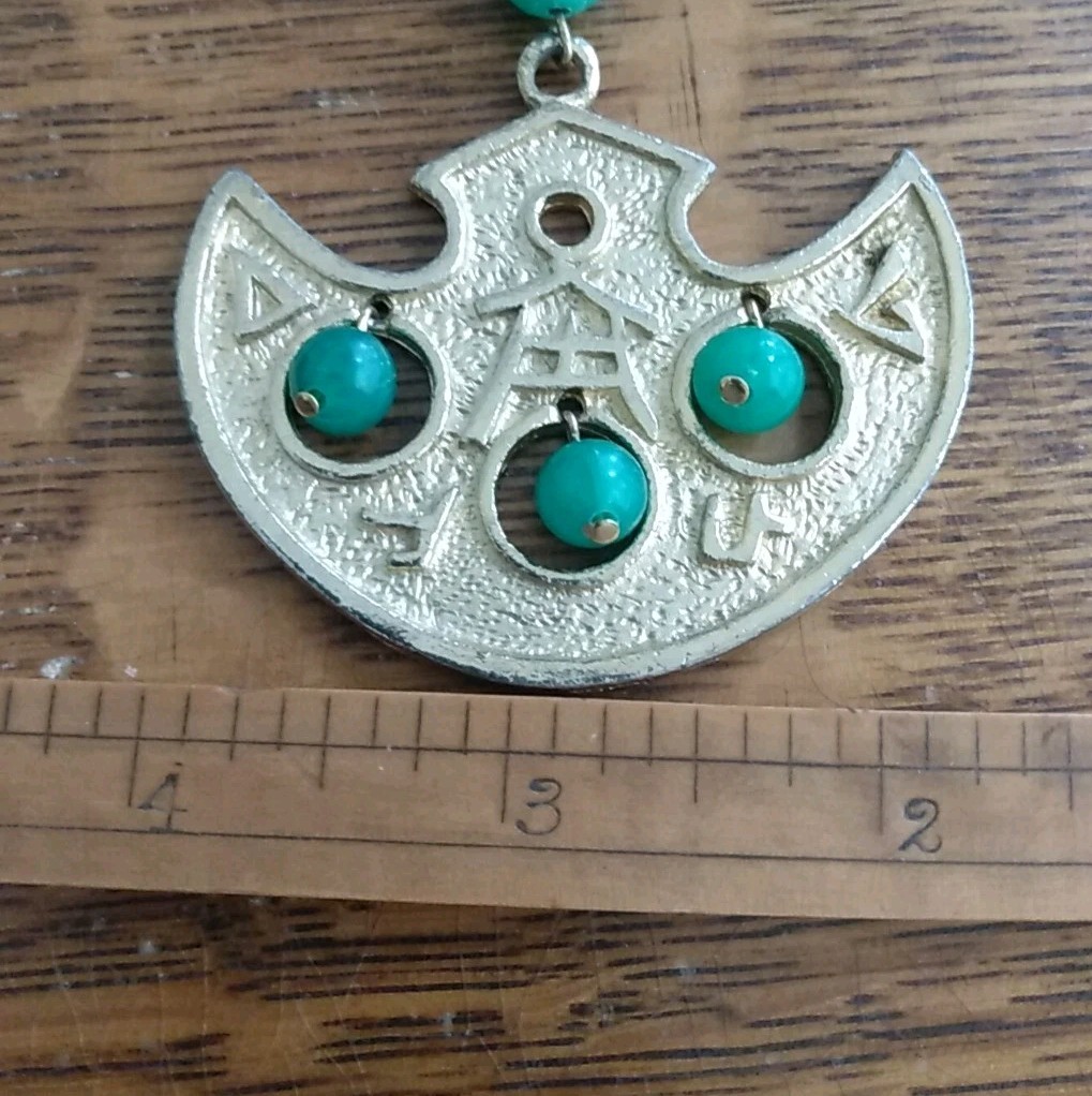 Vintage signed LJM Asian Theme Chain & Pendant With Green Glass Balls