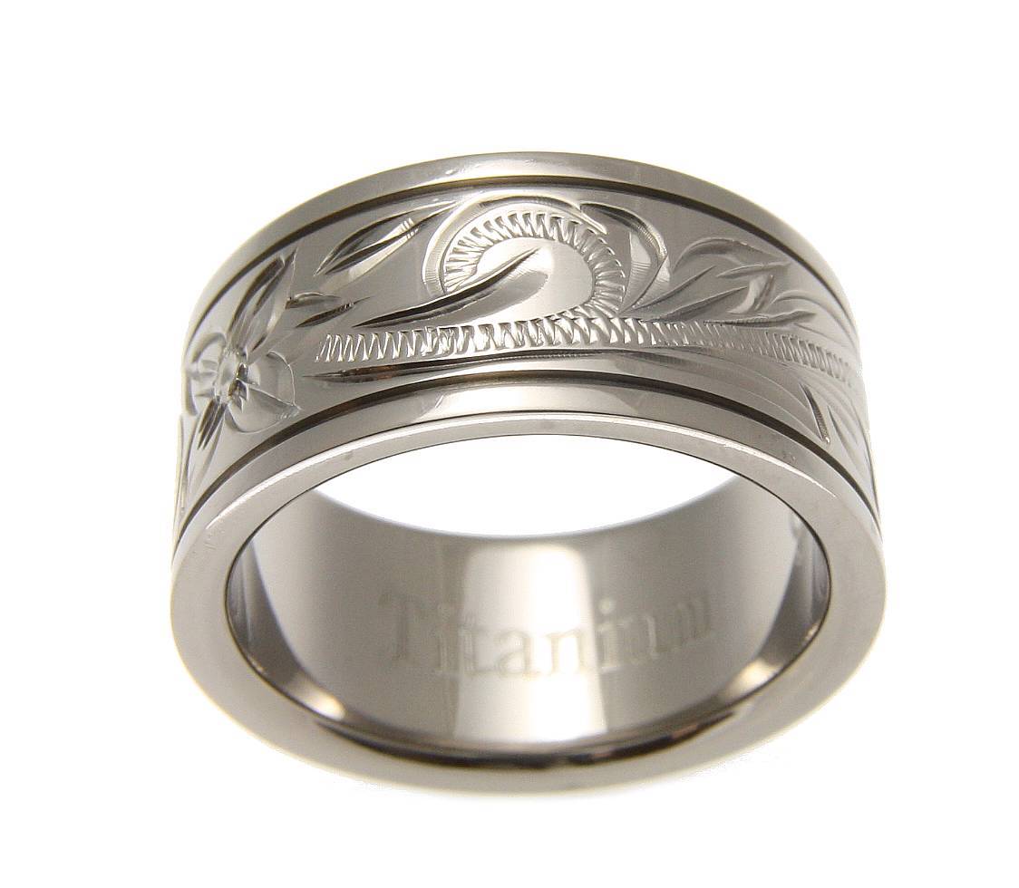 TITANIUM HAND ENGRAVED HAWAIIAN PLUMERIA SCROLL BAND RING SMOOTH EDGE 10MM
