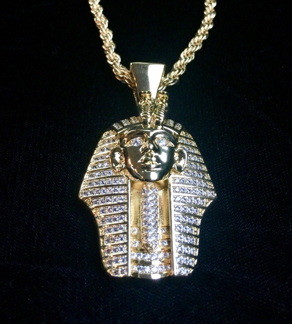 18K GOLD ROPE 24” CHAIN EGYPTIAN PHARAOH LAB DIAMONDS NECKLACE **MADE IN ITALY**